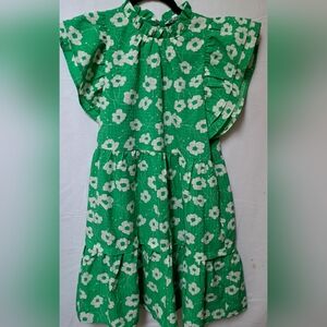 Green Floral Tiered Flutter Sleeve Mini Dress with Pockets